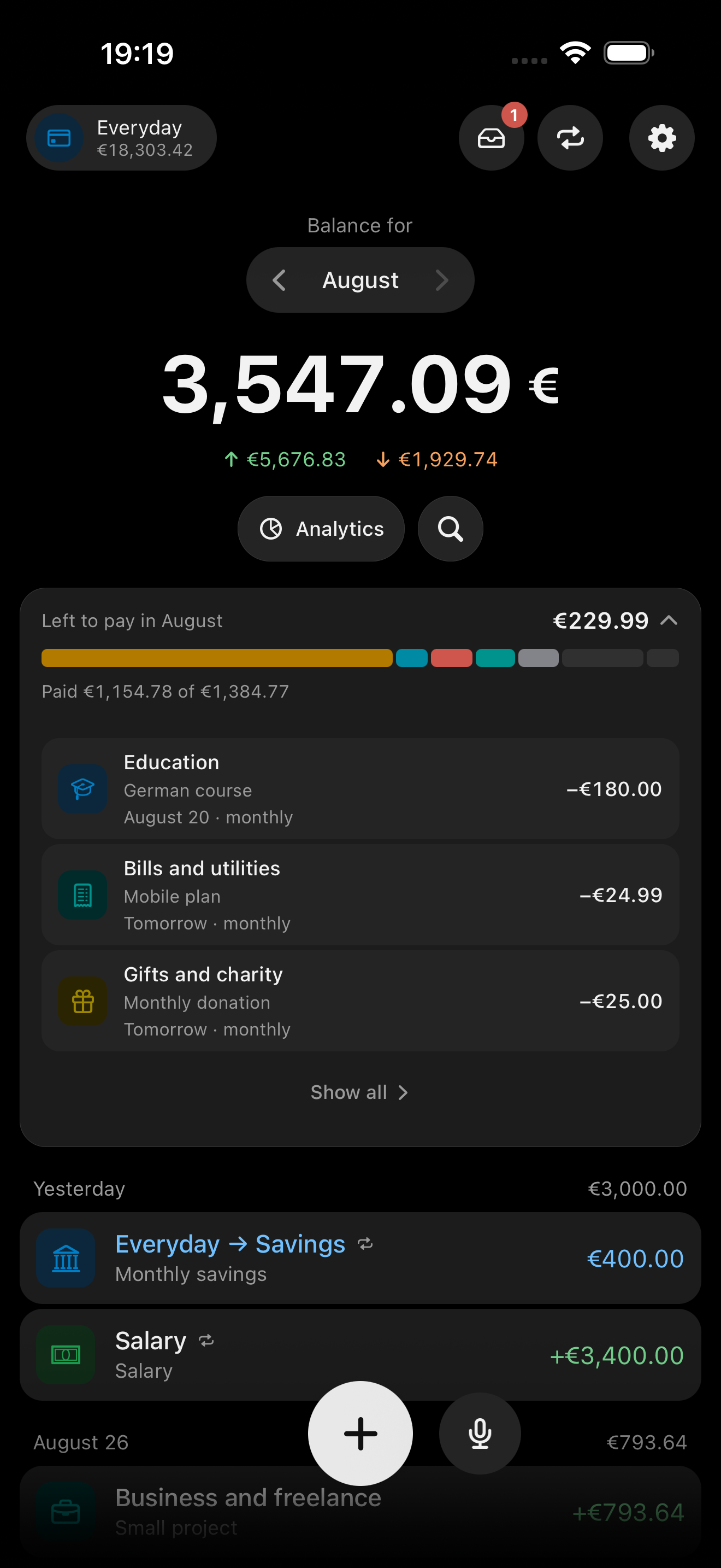 The planned payments screen: what is due this month and what has already been paid.